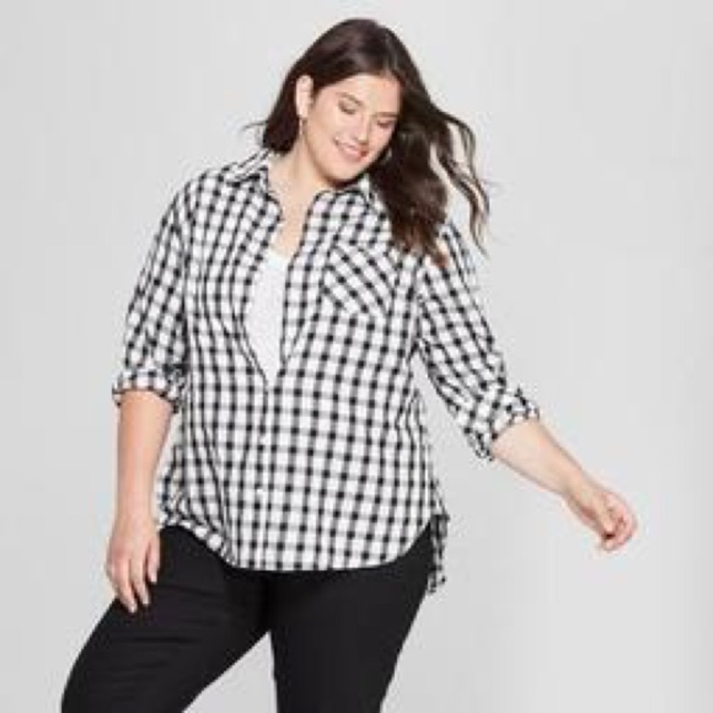 Ava & Viv B&W Plaid Button Up Shirt EUC